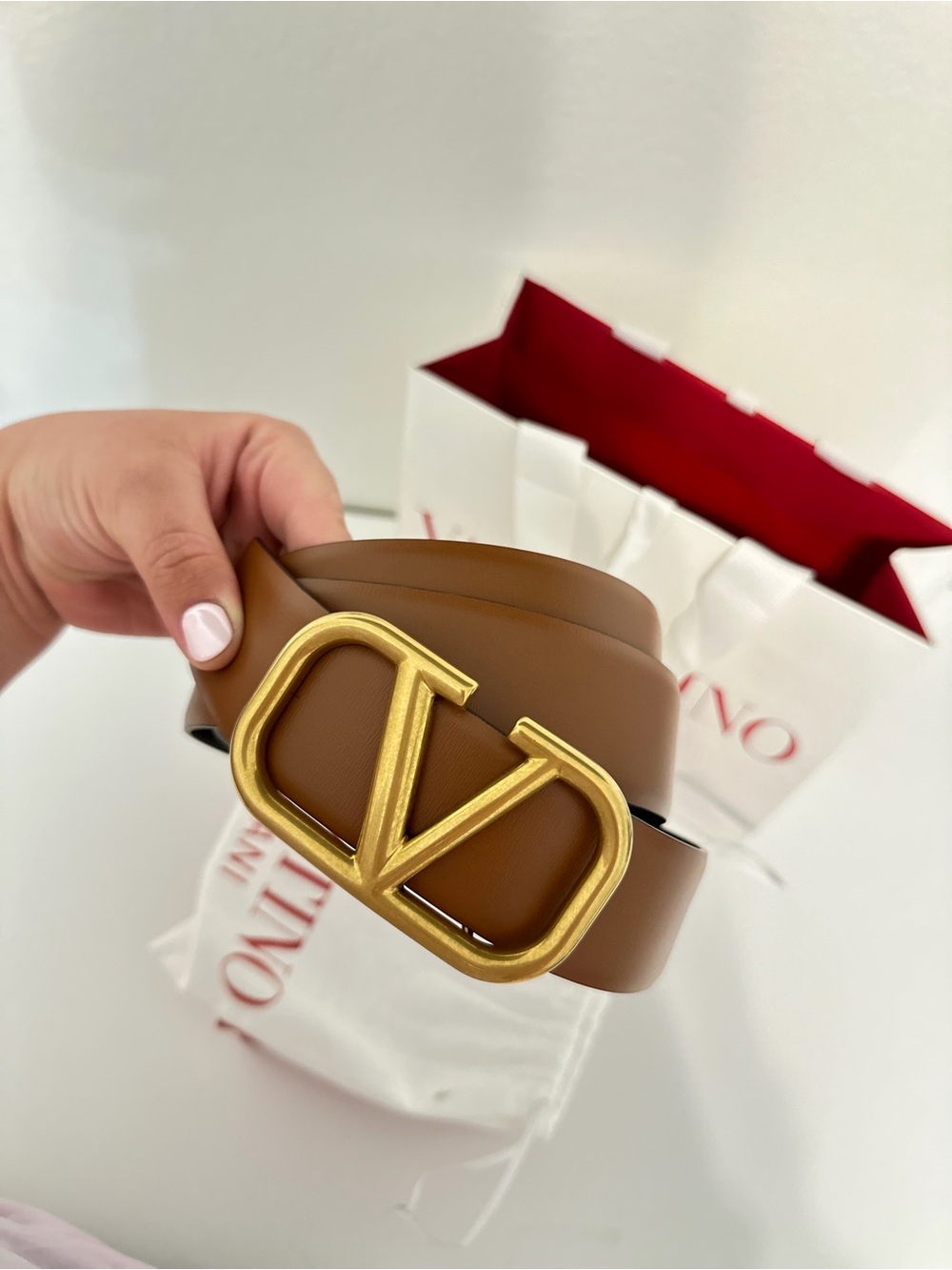 Valentino Garavani Tan Leather Belt with Gold V Logo Buckle
